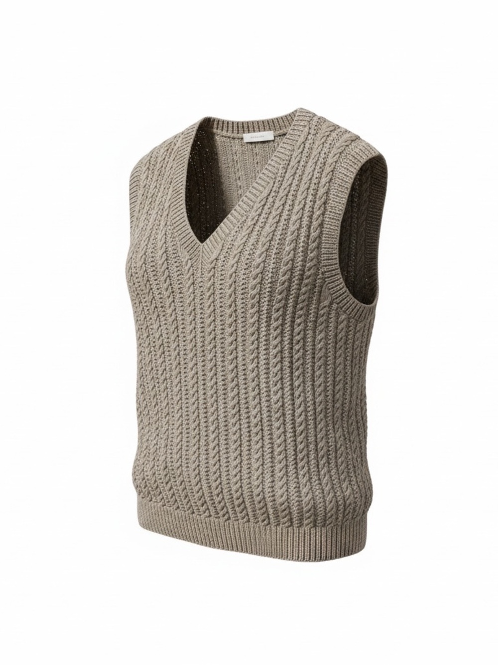 Hand Crafted Taupe Cable Knit V-Neck Sweater Vest